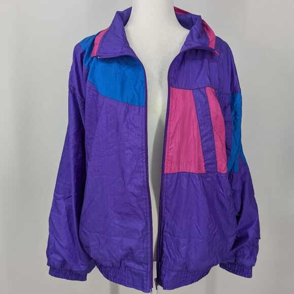 Vintage 90s Bocco Purple Pink Blue Zip-Up Collared Track Jacket Windbreaker XL - Picture 3 of 8